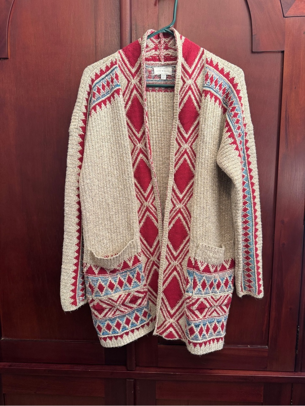 Lucky Brand Aztec Southwestern Open Cardigan Sweater Boho Knit Size Medium